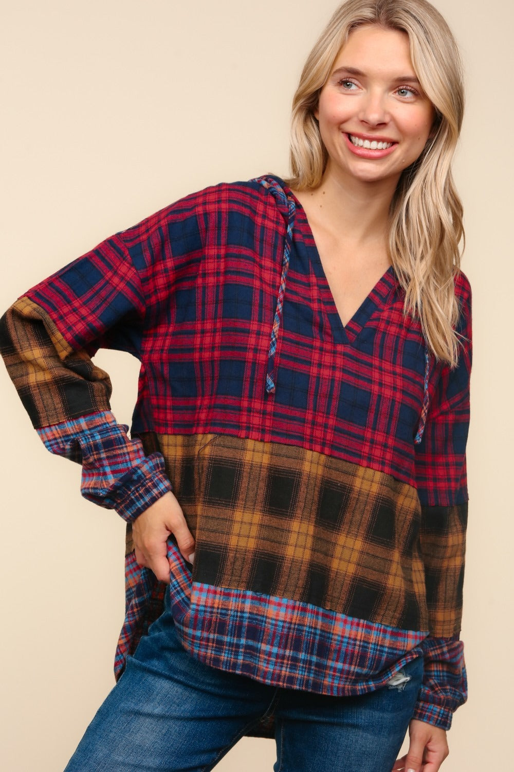 Haptics In My Plaid World Edge Cut Detail Hooded Top