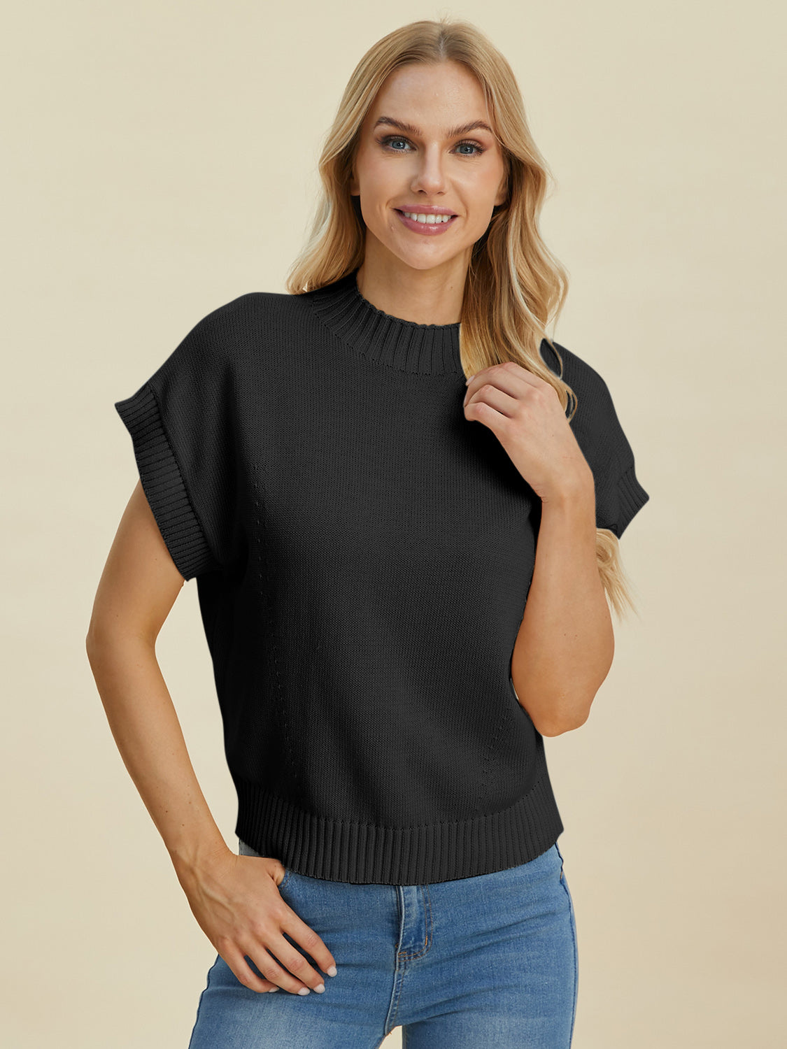Double Take Lovely Day Mock Neck Short Sleeve Sweater
