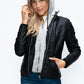 YMI Fuzzy Feels Faux Layered Double-Zipper Jacket with Fuzzy Hood in Black