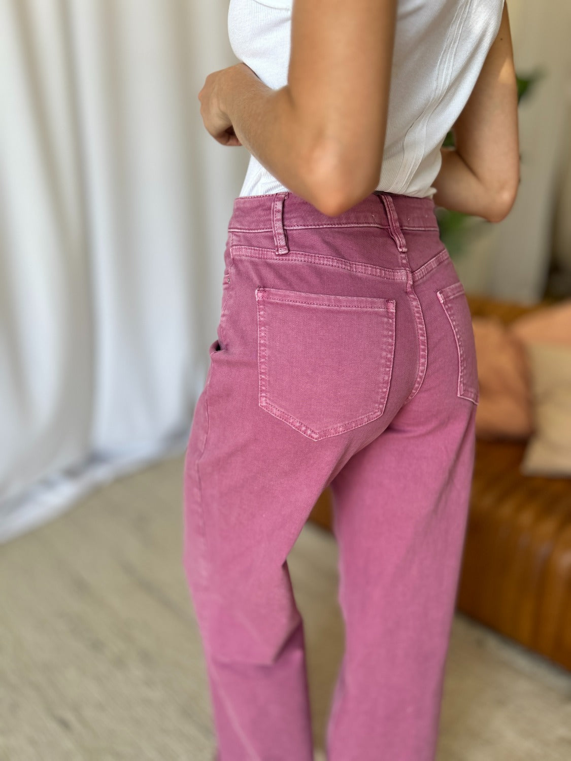 RFM Raelene High Rise Garment Dye Wide Leg Jeans in French Rose