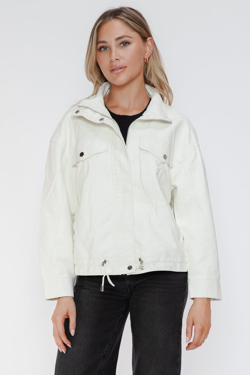 How Dare U My Favorite Layer Drawstring Hem PU Leather Zip Up Jacket in White