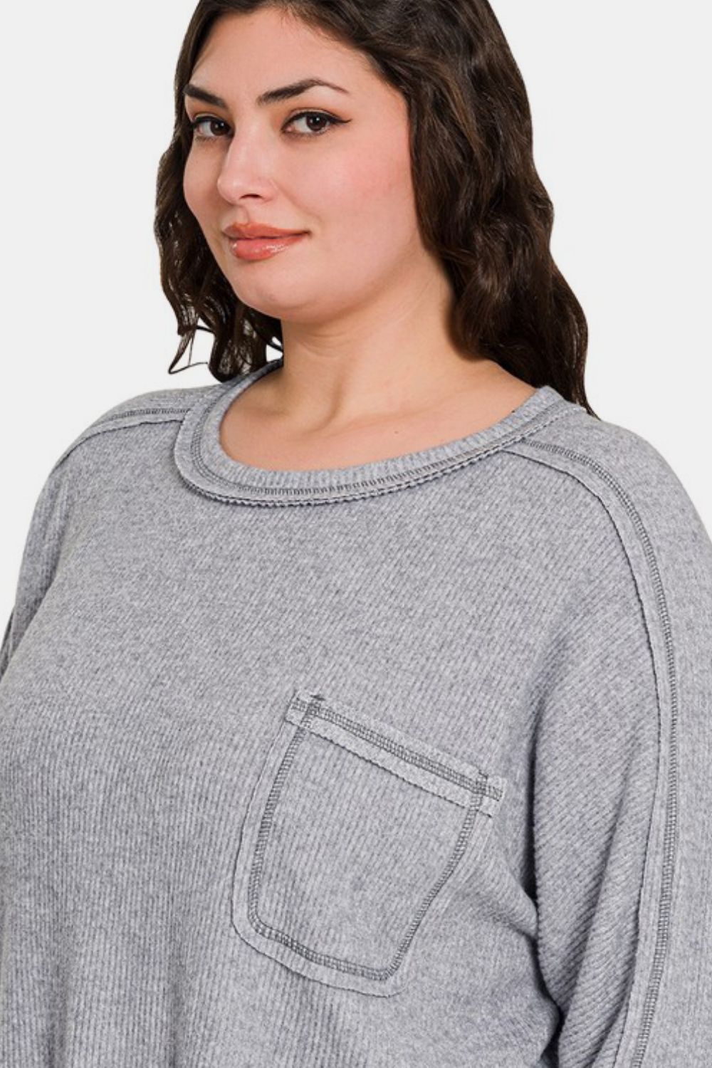 Zenana Cozy Unfiltered Contrast Stitching Brushed Ribbed Hacci Knit Top in Gray