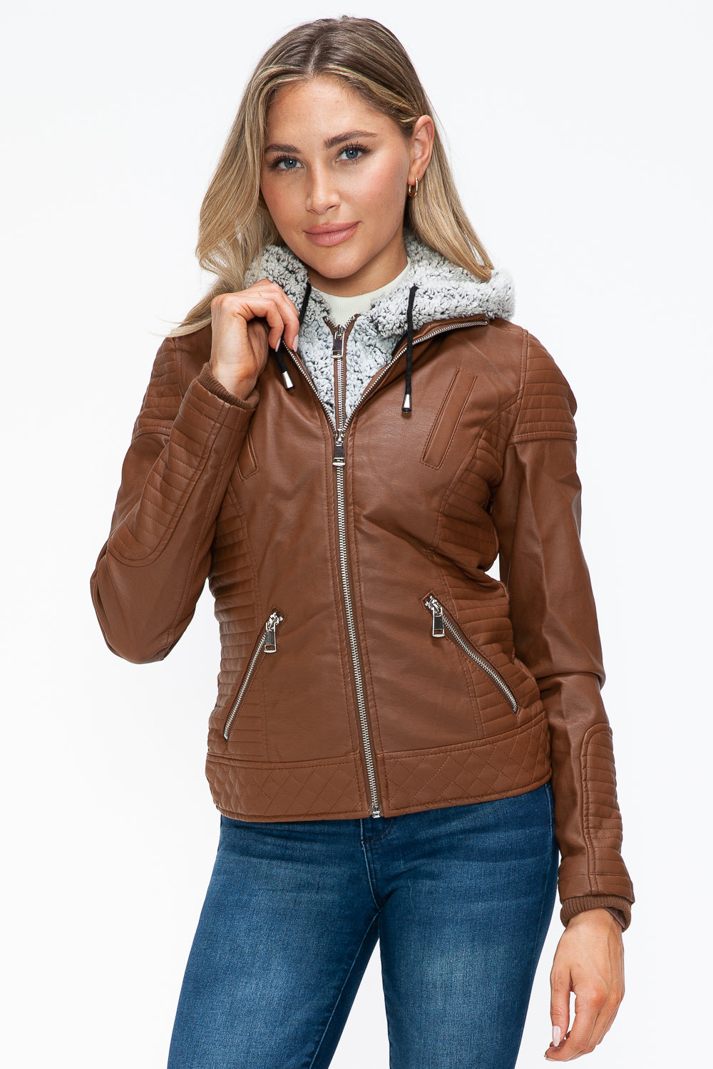 YMI Fuzzy Feels Faux Layered Double-Zipper Jacket with Fuzzy Hood in Rust