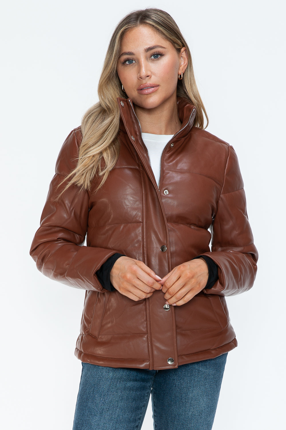 YMI Cozy Perfection Pocketed Zip Up Turtleneck Puffer Jacket in Brandy