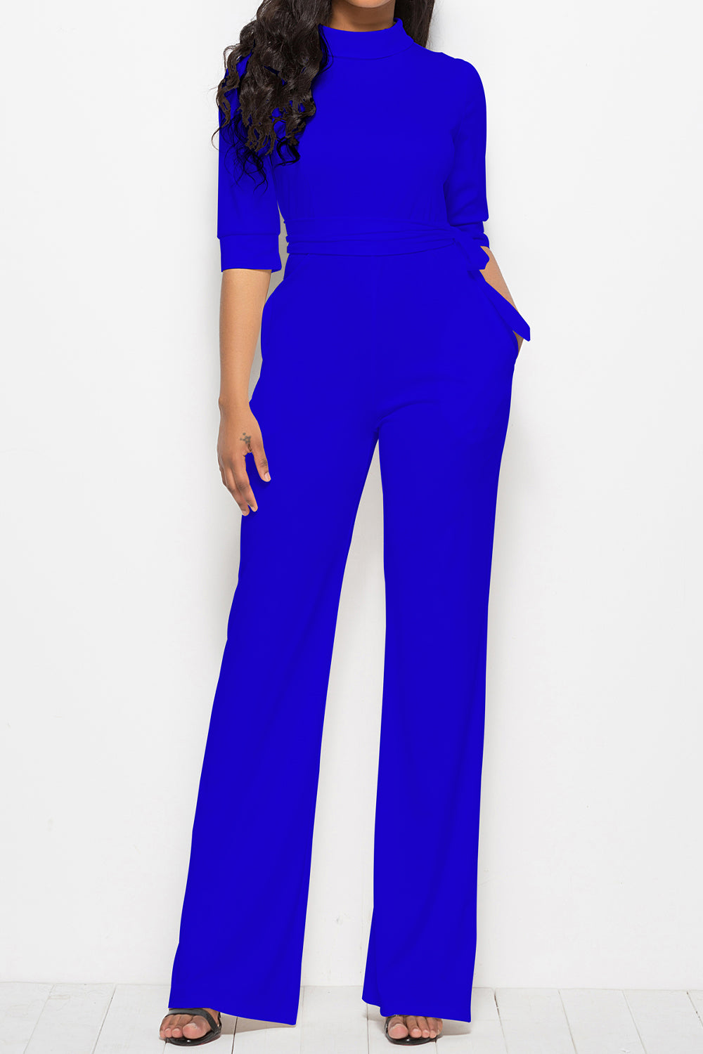 Driven Mock Neck Tie-Waist Half Sleeve Jumpsuit with Pockets