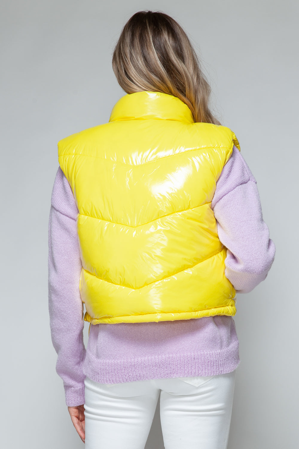 Snobbish A Quilted Touch Zip Up Turtleneck Shiny Quilted Vest in Yellow