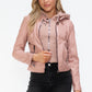 Snobbish Embrace The Day Faux Leather Zip Up Drawstring Hooded Jacket in Mauve