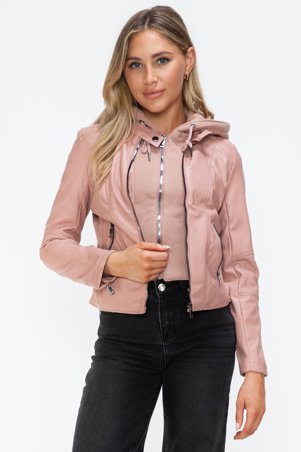 Snobbish Embrace The Day Faux Leather Zip Up Drawstring Hooded Jacket in Mauve