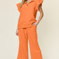 Double Take Butterfly Kisses Texture Ruffle Short Sleeve Top and Drawstring Wide Leg Pants Set