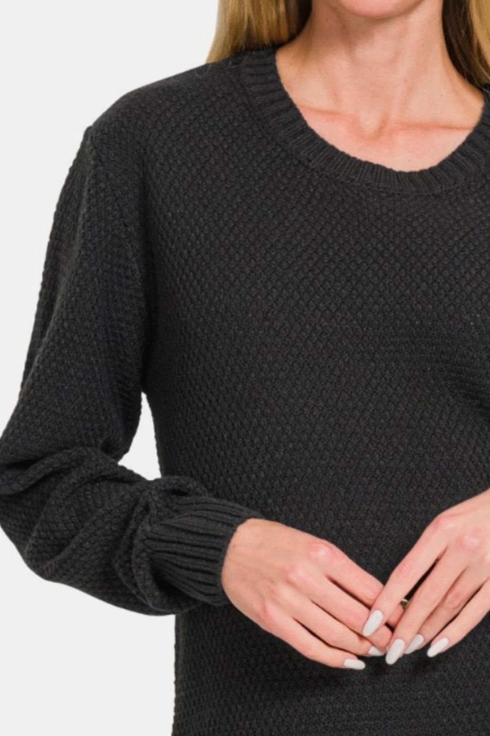 Zenana It's In The Curve Long Sleeve Curved Hem Sweater in Black