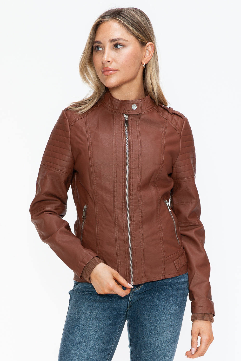 Snobbish Born To Ride PU Leather Biker Jacket with Side Zip Pockets in Brandy