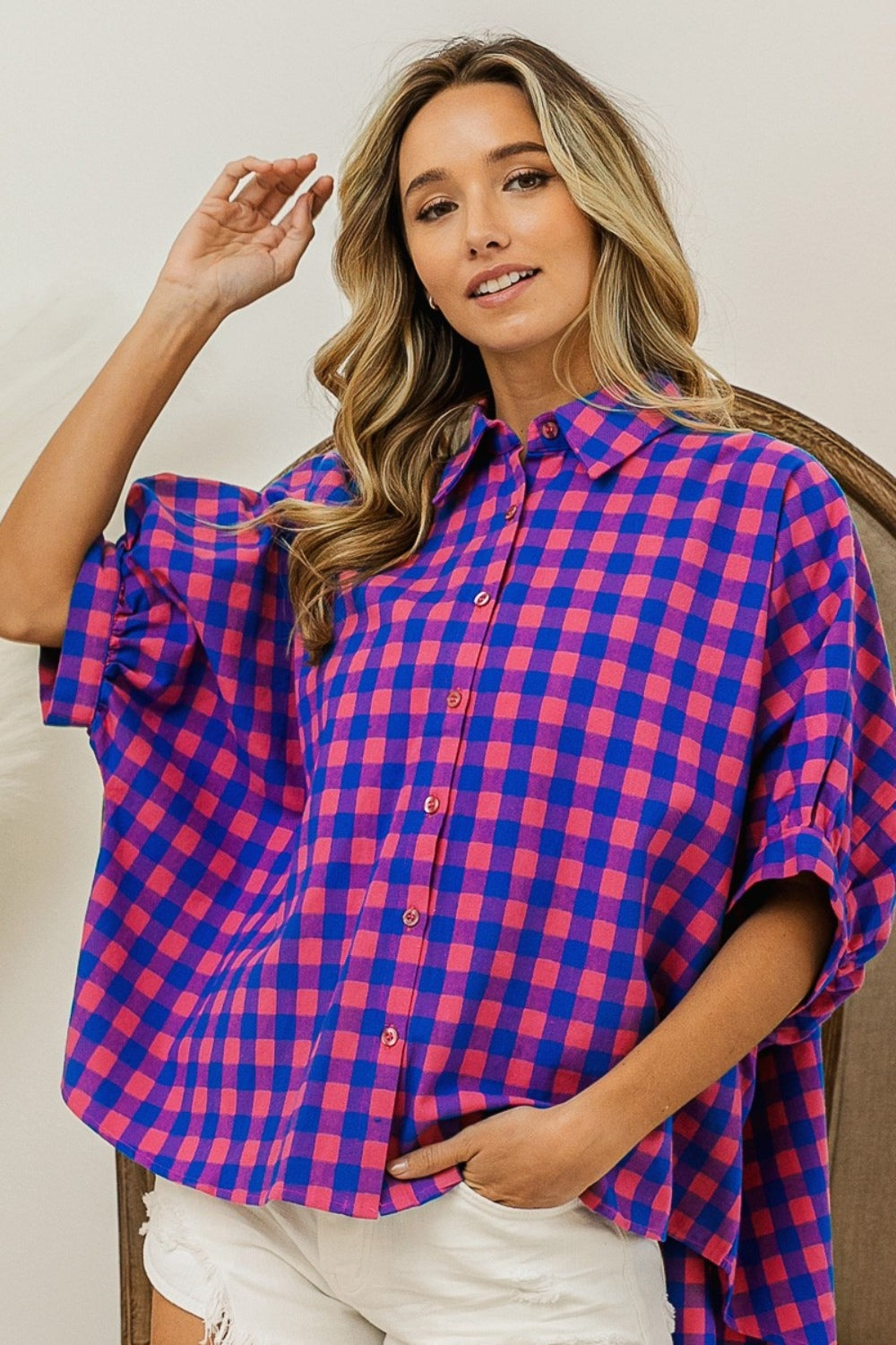 BiBi In The Mood Plaid Button Up Dolman Sleeve Shirt