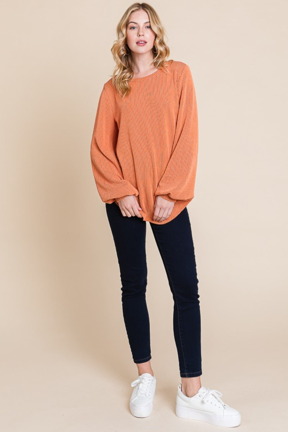 BOMBOM Chasing Dreams Long Sleeve Curved Hem Ribbed T-Shirt in Pumpkin