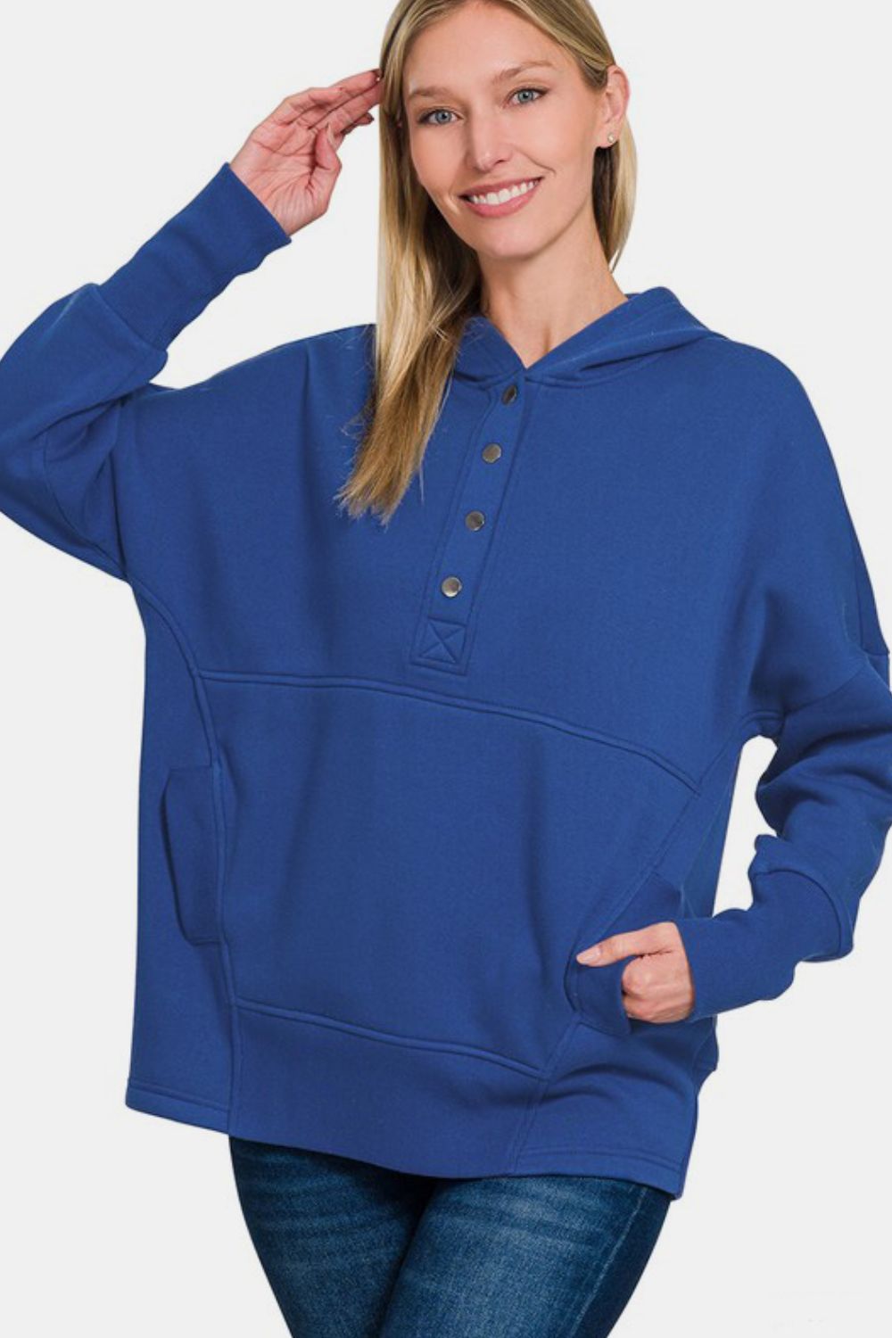 Zenana You Have My Heart Half Snap Long Sleeve Hoodie with Kangaroo Pocket in Navy