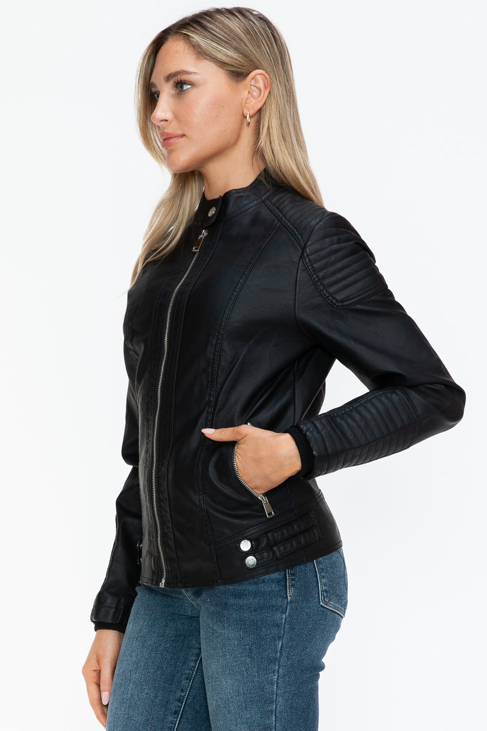 Snobbish A Wild Ride Faux Leather Biker Jacket with Side Zip Pockets in Black