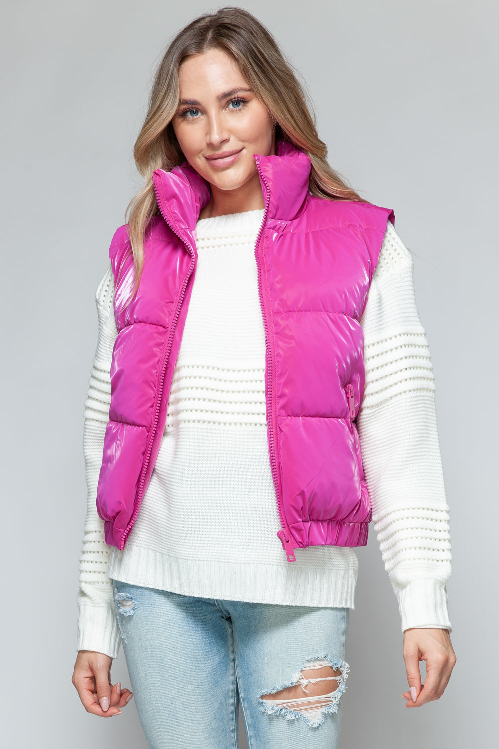 Snobbish Me and My Puffer Fine Fur Lining Quilted Vest in Hot Pink