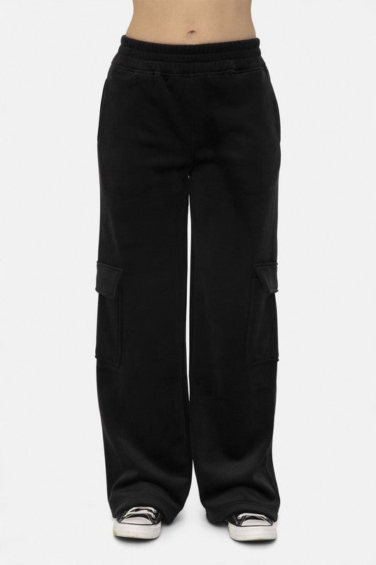 Mono B Leap Of Faith Elastic Waist Corduroy Cargo Pants in Black