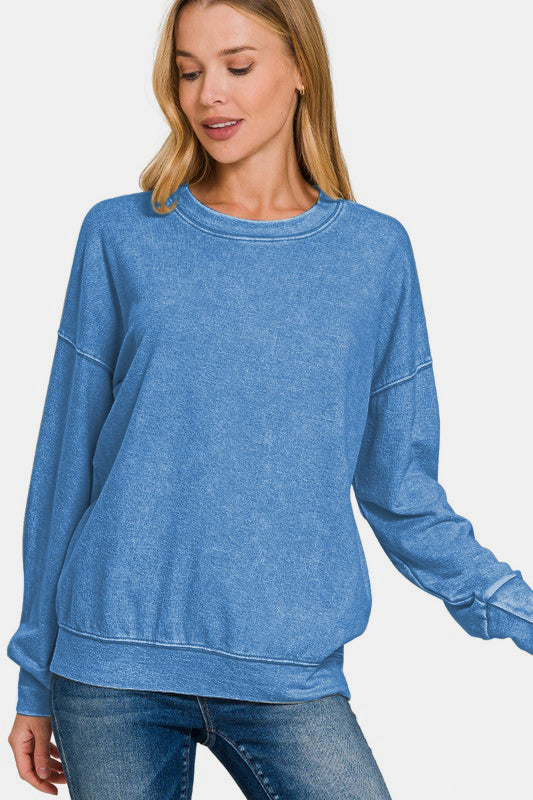 Zenana Laid Back Vibes Washed Dropped Shoulder Sweatshirt in Blue