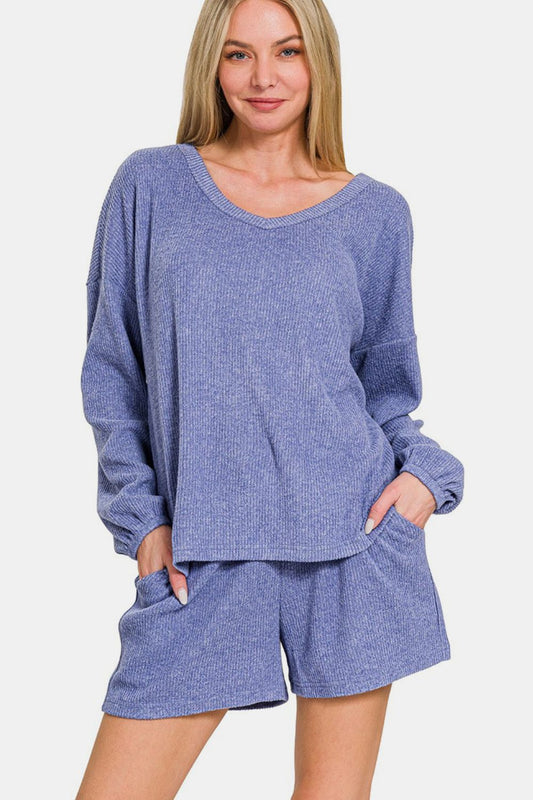 Zenana Collecting Moments V-Neck Long Sleeve Ribbed Top and Shorts Set in Blue Purple