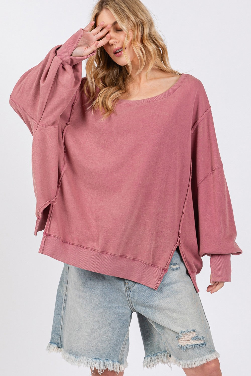 SAGE + FIG Warm Hearts Mineral Wash Side Slit Oversized Sweatshirt in Mulberry