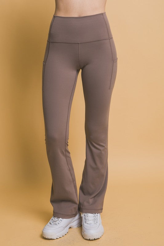 Love Tree First Class High Waist Flare Active Leggings with Side Pockets in Taupe