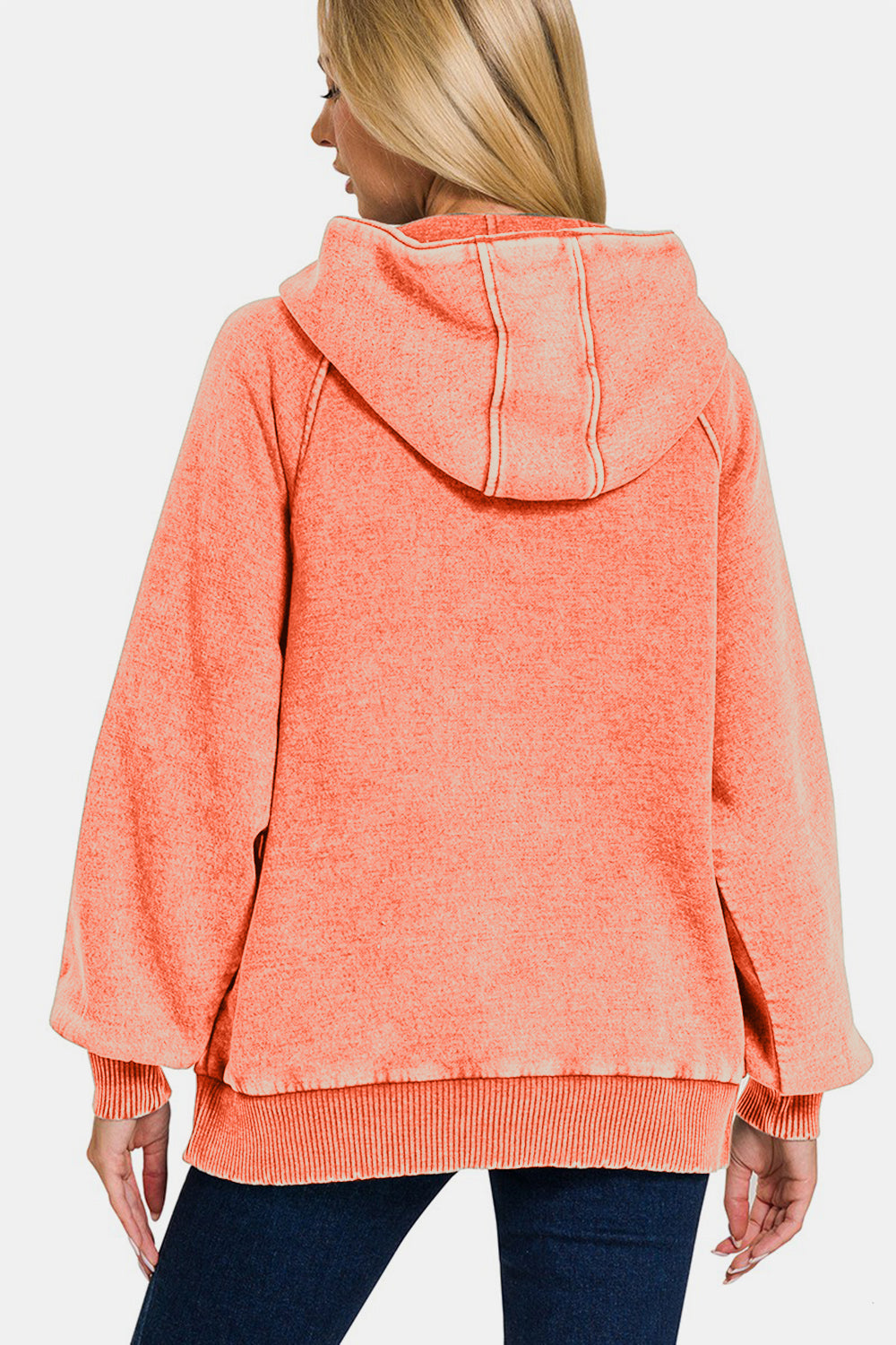 Zenana Easy Thinking Acid Wash Fleece Kangaroo Pocket Hoodie in Coral