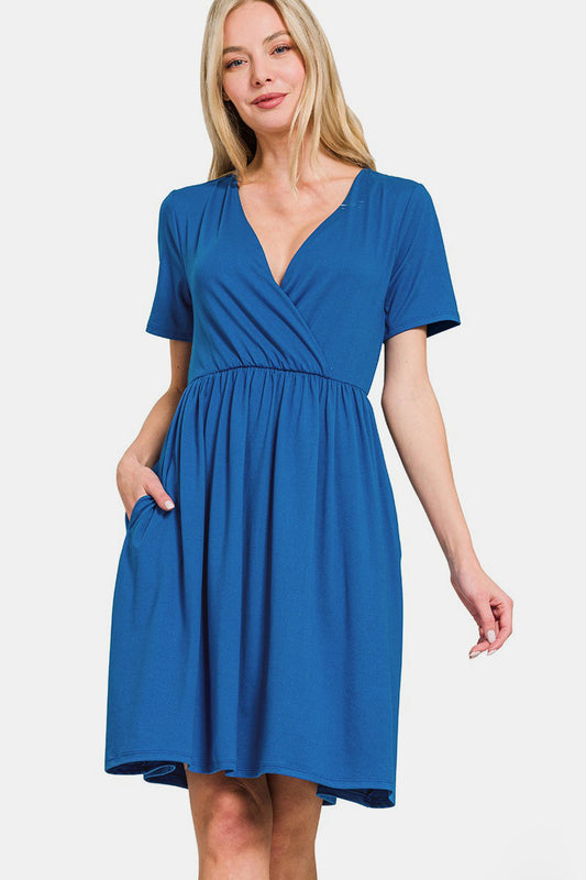 Zenana On The Right Track Surplice Short Sleeve Brushed DTY Dress in Classic Blue