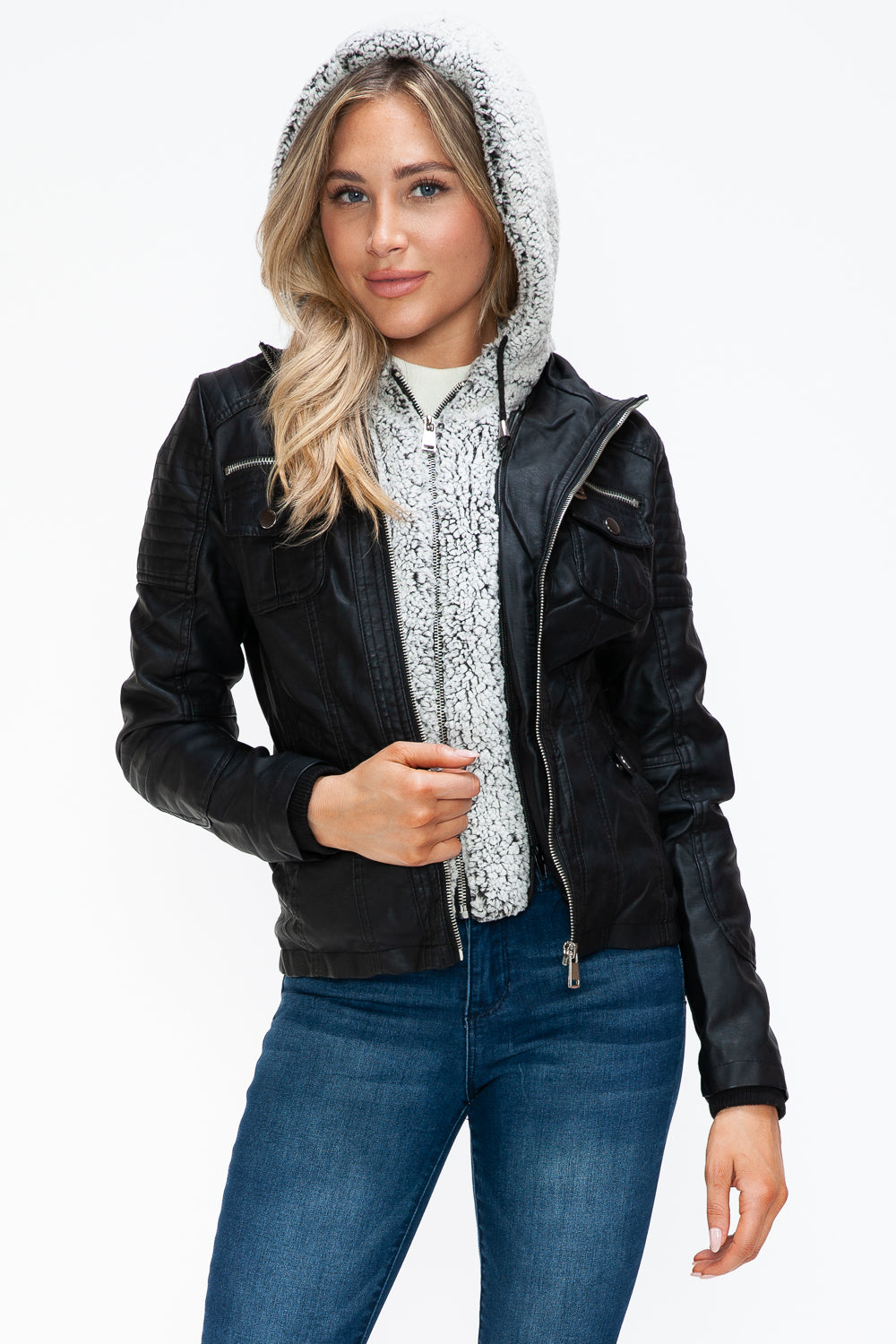 YMI Hooded and Happy Removable Faux Layered Multi-Pocket Jacket with Fuzzy Hood in Black