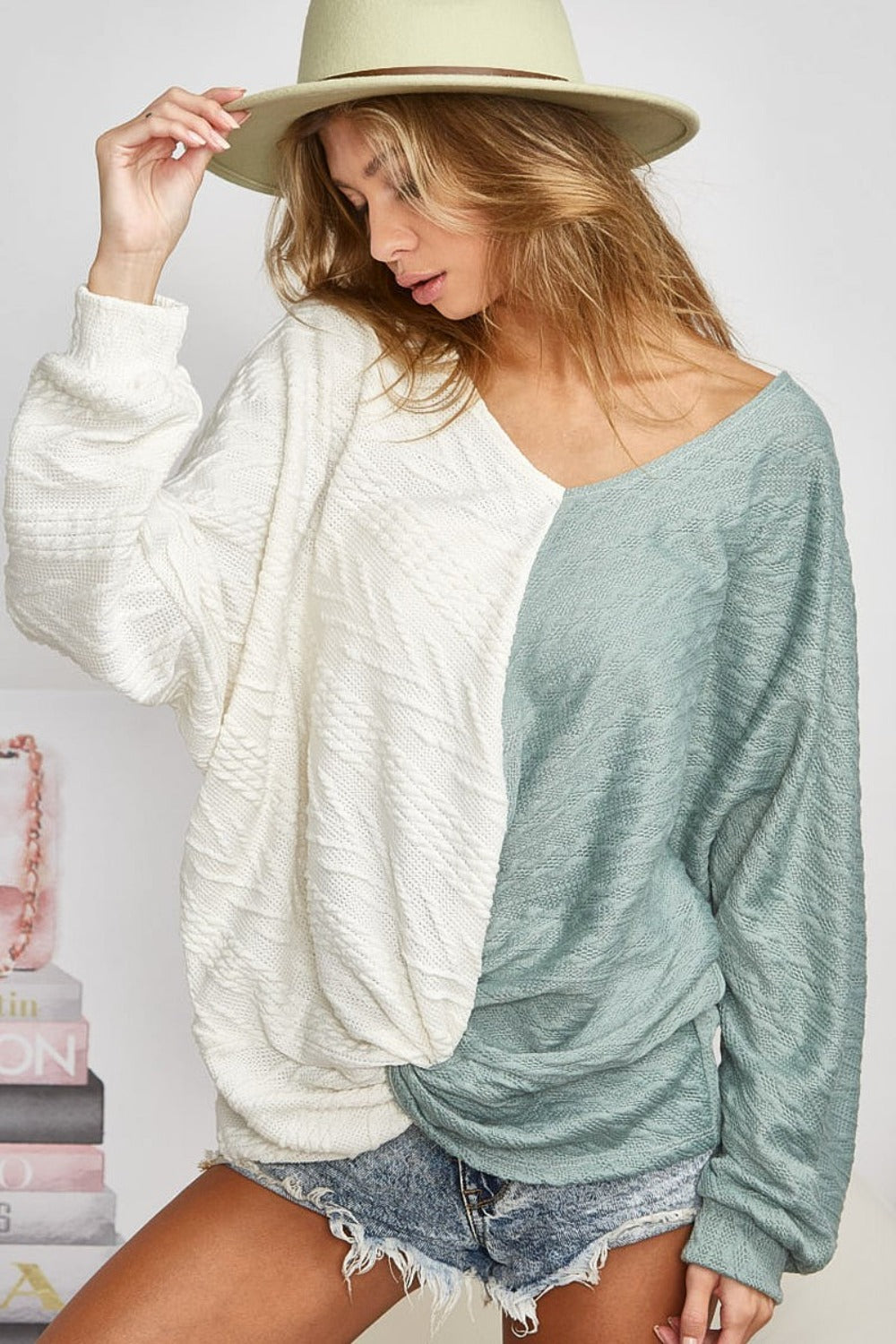 BiBi Unleash Cozy Twist Front Contrast Cable Knit Top