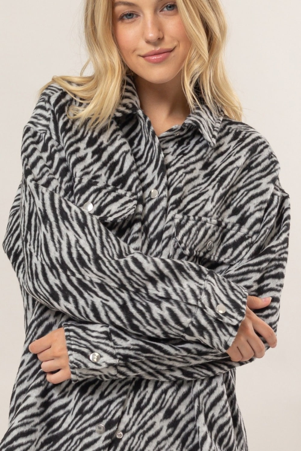 HYFVE Wild Side Zebra Print Snap Down Long Sleeve Shacket