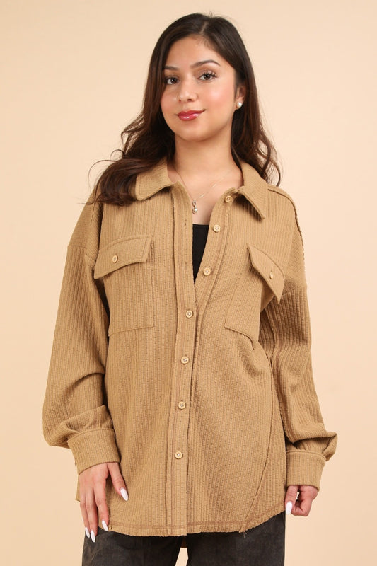 VERY J I'm Covered Button Down Textured Knit Shacket in Mocha