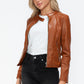 Snobbish Embrace The Day Faux Leather Zip Up Drawstring Hooded Jacket in Camel