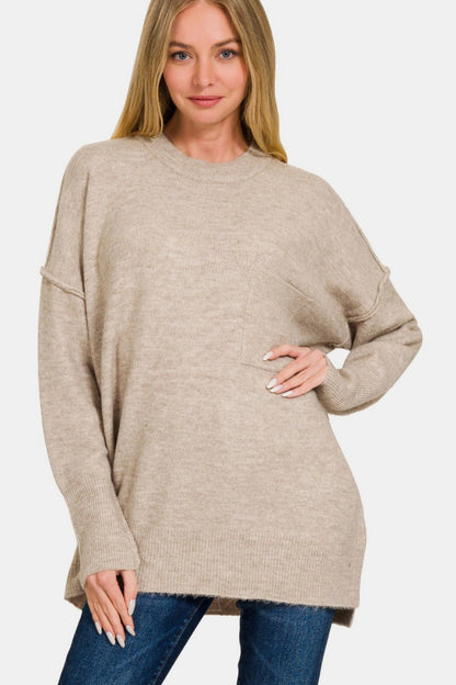 Zenana Everyday Cozy High-Low Hem Drop Shoulder Sweater in H Mocha