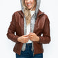 YMI Fuzzy Feels Faux Layered Double-Zipper Jacket with Fuzzy Hood in Brandy