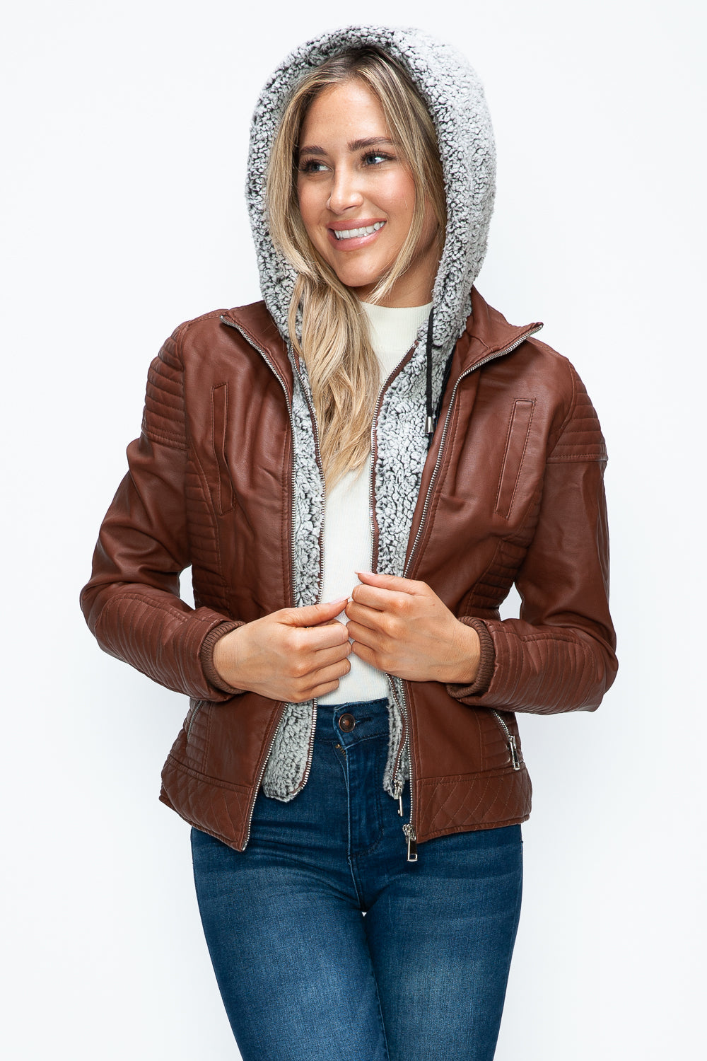 YMI Fuzzy Feels Faux Layered Double-Zipper Jacket with Fuzzy Hood in Brandy