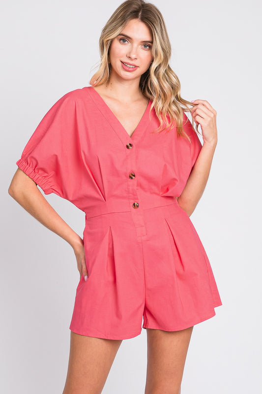 GeeGee Pink Showcase Half Button V-Neck Linen Romper