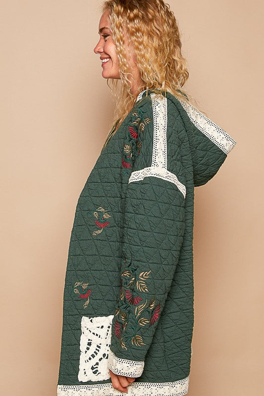 POL Embroidered Dreams Open Front Quilted Jacket with Crochet Pockets in Dark Green