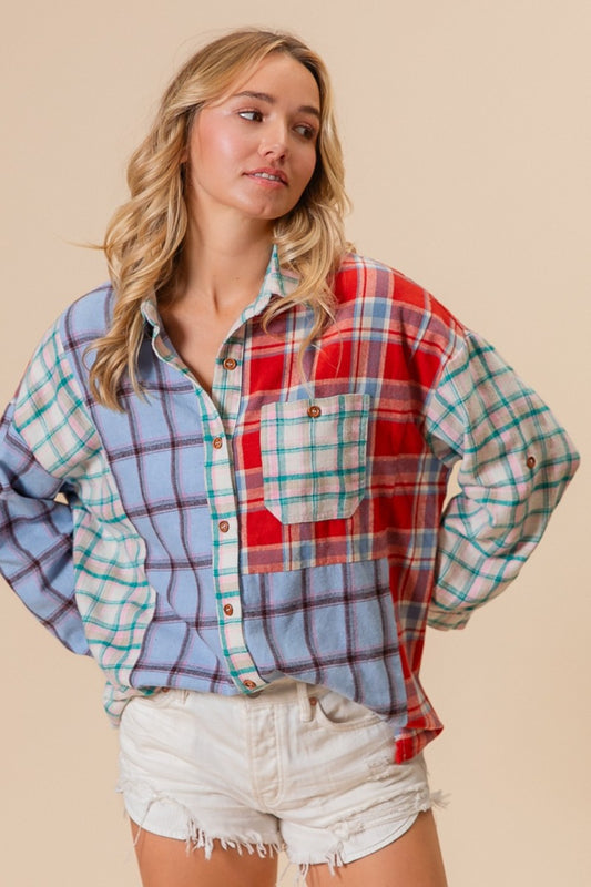 BiBi By The River Color Block Plaid Button Down Shirt