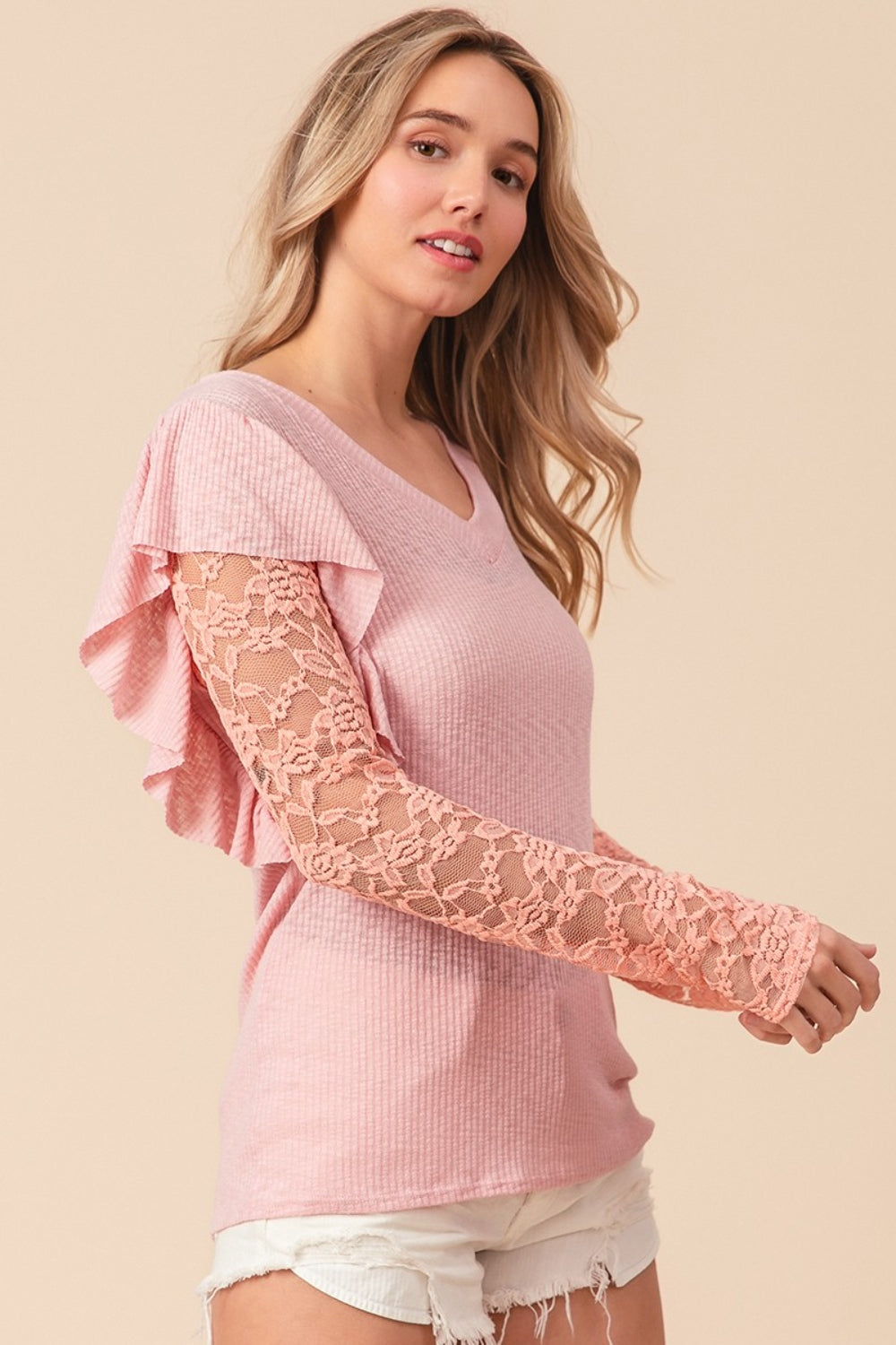 BiBi Dainty & Sweet Ruffled Lace Sleeve Rib Knit Top