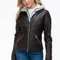 YMI Fuzzy Feels Faux Layered Double-Zipper Jacket with Fuzzy Hood in Chocolate