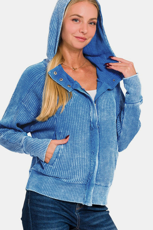 Zenana Chill Days Washed Zip Up Hooded Jacket in Ocean Blue