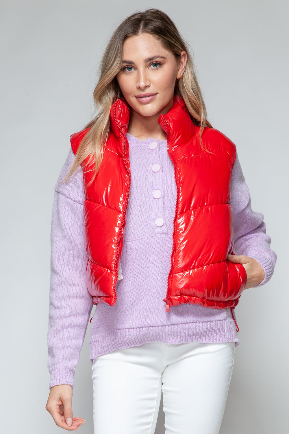 Snobbish A Quilted Touch Zip Up Turtleneck Shiny Quilted Vest in Red