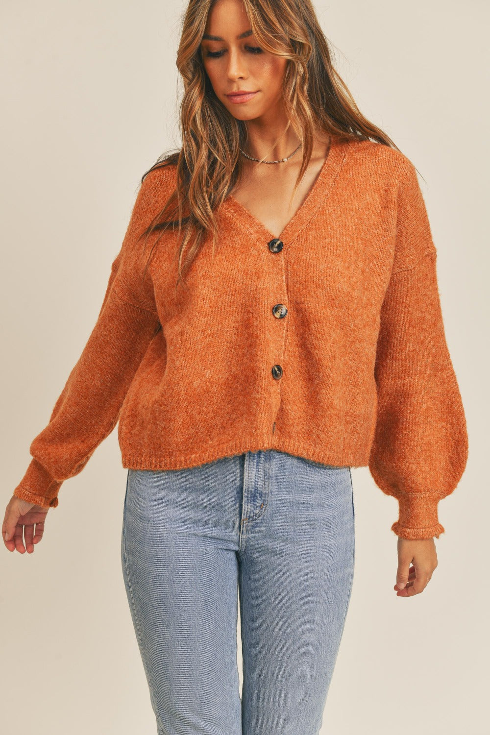 MABLE Buttoned Up Long Sleeve Button Down Sweater Cardigan in Rust