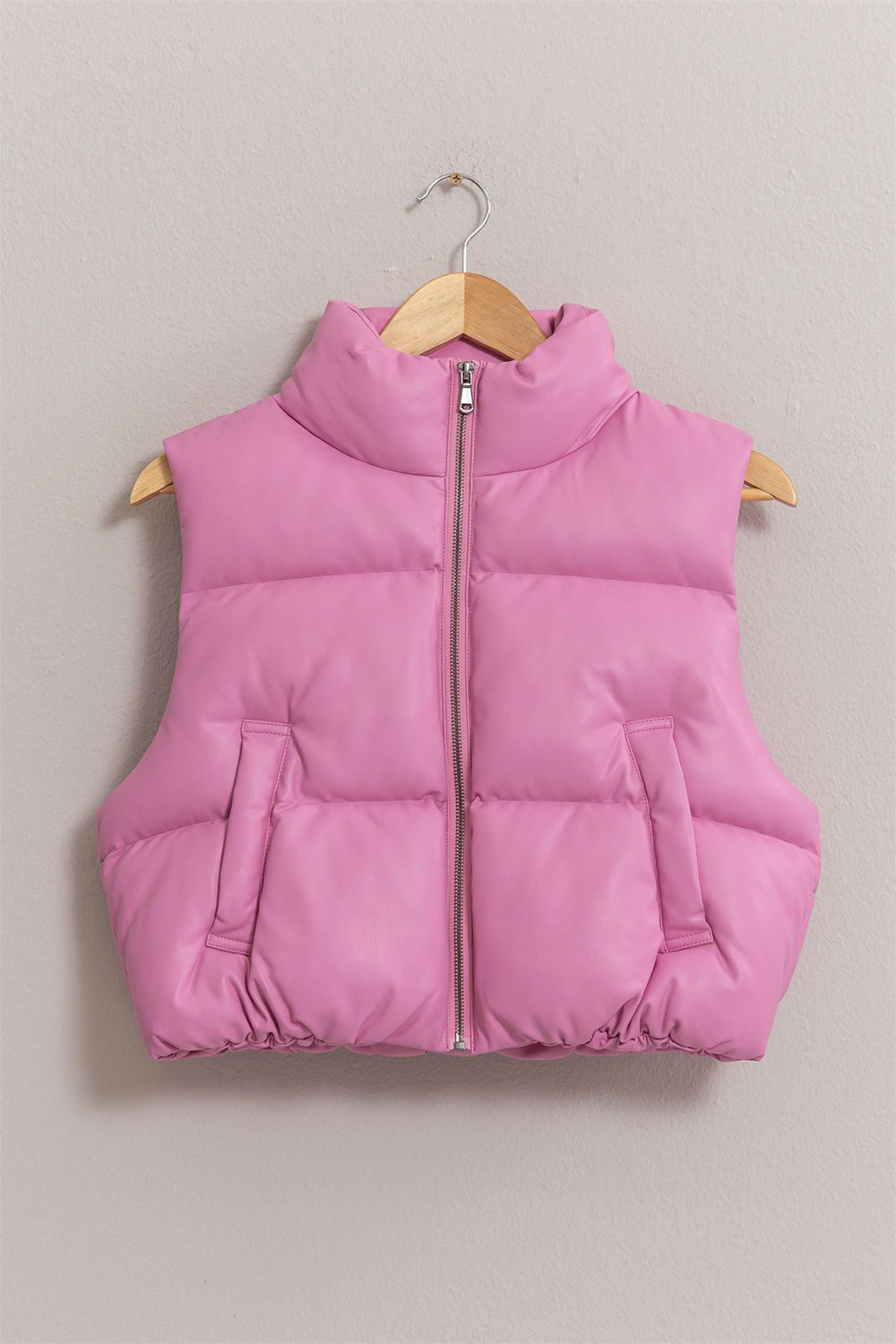 HYFVE Puff It Up Leather Zip Up Cropped Puffer Vest in Rose Pink
