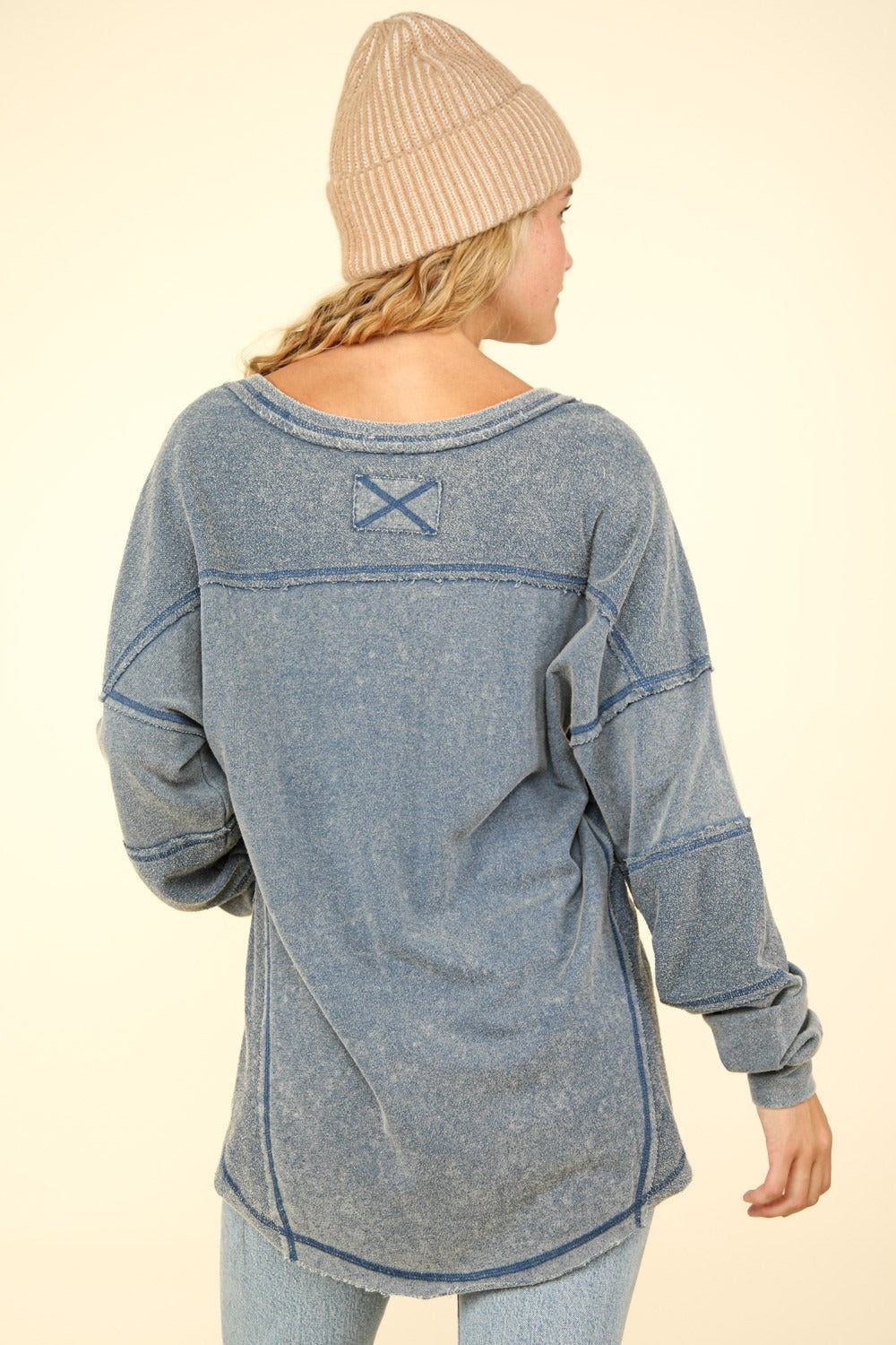 VERY J Here There And Everywhere Washed V-Neck Exposed Seam Knit Top in Denim