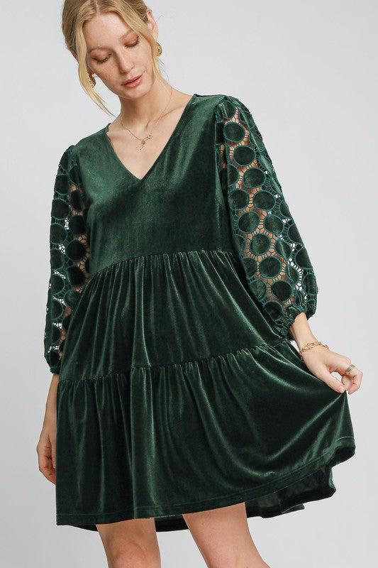 Umgee A Perfect Match Dotted Lace Sleeve Tiered Velvet Mini Dress in Dark Green