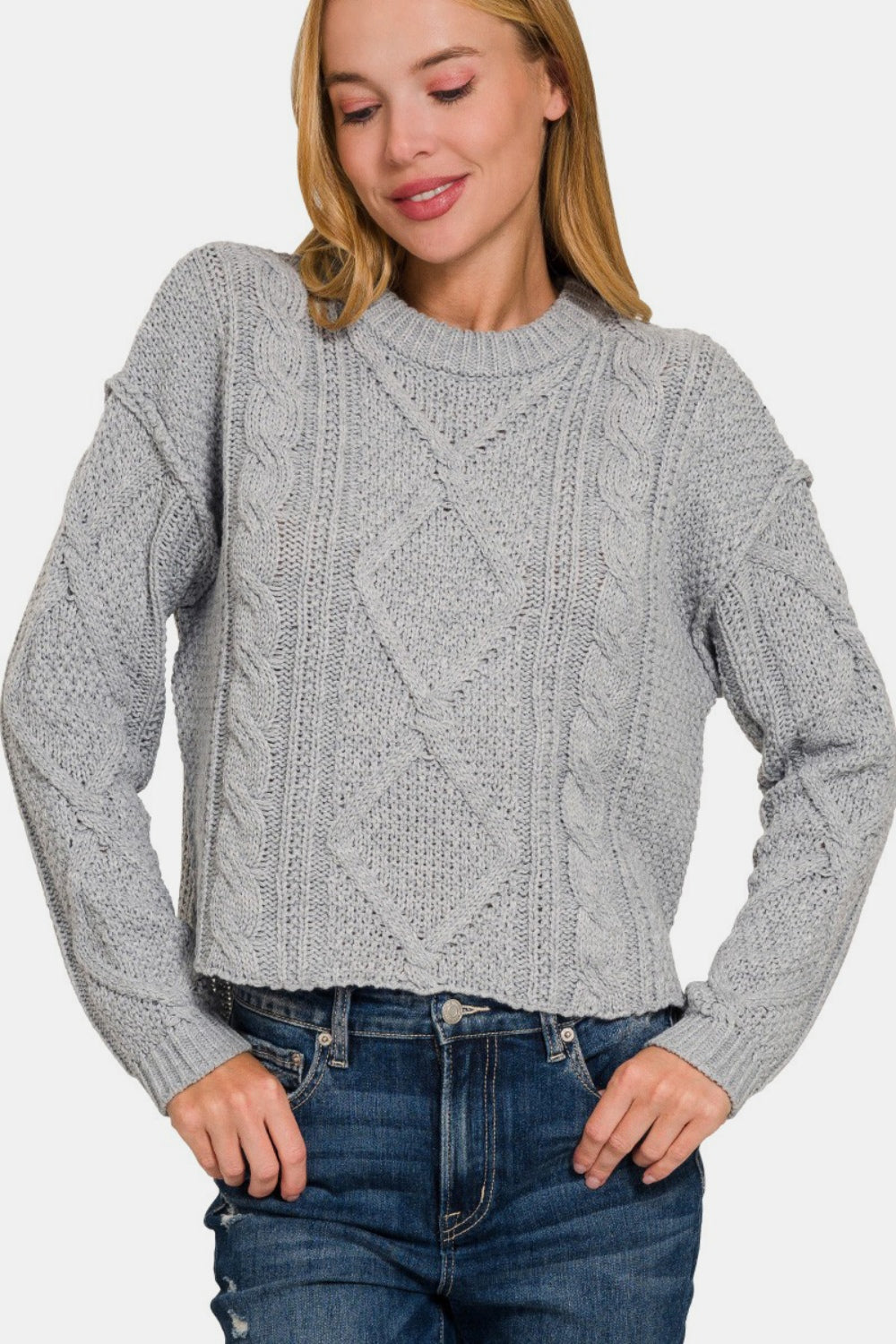 Zenana My Chilliest Adventure Cropped High Low Cable Sweater with Side Slits in H Grey