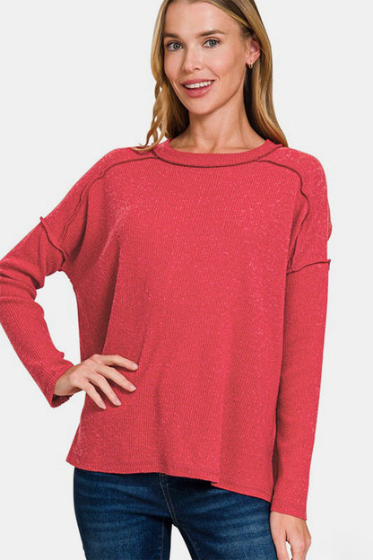 Zenana Cozy Season Exposed Seam Brushed Sweater in Red