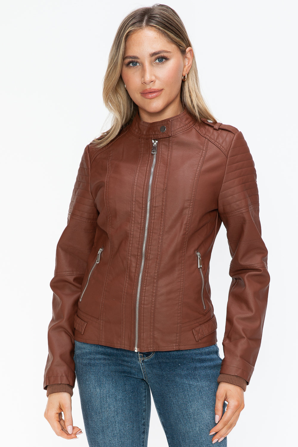 Snobbish Born To Ride PU Leather Biker Jacket with Side Zip Pockets in Brandy