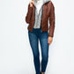 YMI Fuzzy Feels Faux Layered Double-Zipper Jacket with Fuzzy Hood in Brandy